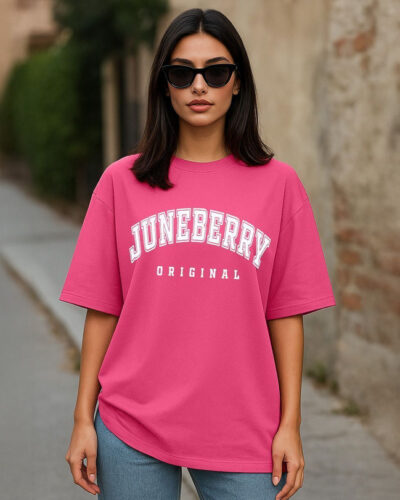 Oversized Women Printed, Graphic Print Round Neck Pure Cotton Pink T-Shirt