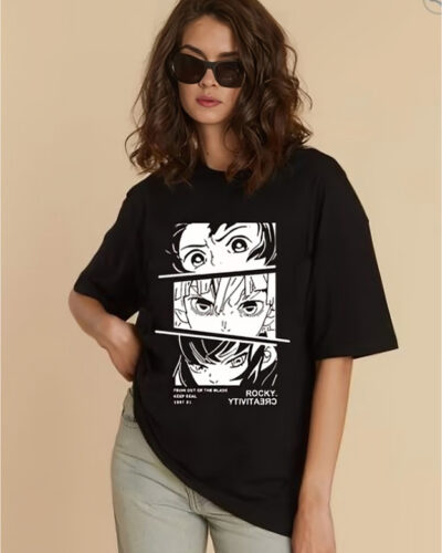 Women Printed Round Neck Cotton Blend Black T-Shirt