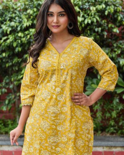 Women Printed Viscose Rayon A-line Kurta (Yellow)