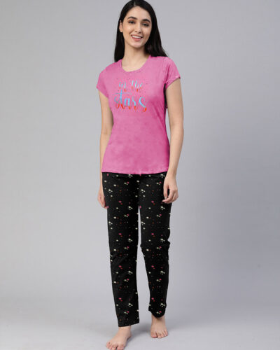 Women Top & Pyjama Set Black, Pink Printed