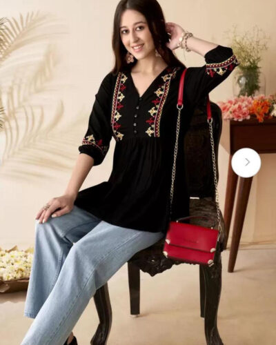 Women Embroidered Viscose Rayon Flared Kurta (Black)