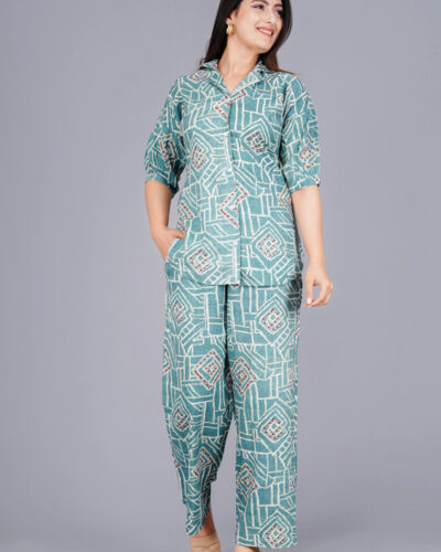 Women Night Suit Set Blue Geometric Print