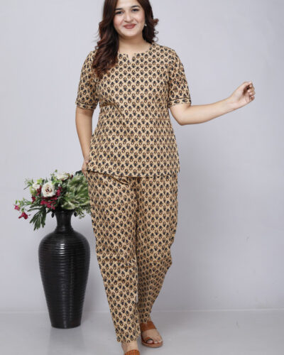 Women Night Suit Set Beige, Black Printed