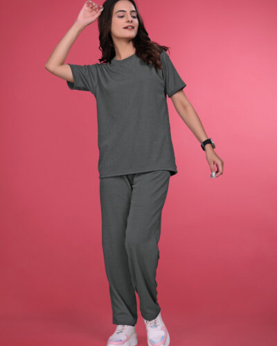 Women Top & Pyjama Set Grey Solid