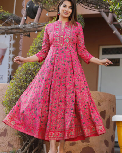 Women Printed Viscose Rayon Anarkali Kurta (Pink)