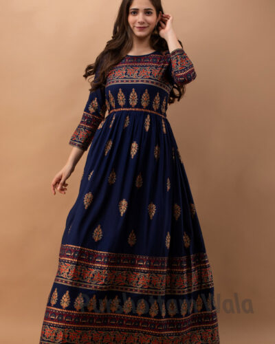 Women Fit and Flare Blue Ankle Length Dress