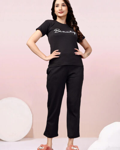 Women Night Suit Set Black Self Design