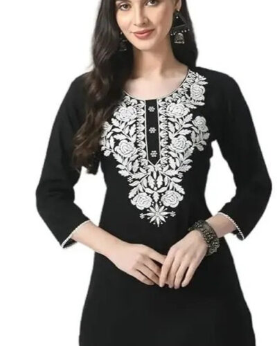 Women Embroidered Cotton Rayon A-line Kurta (Black)