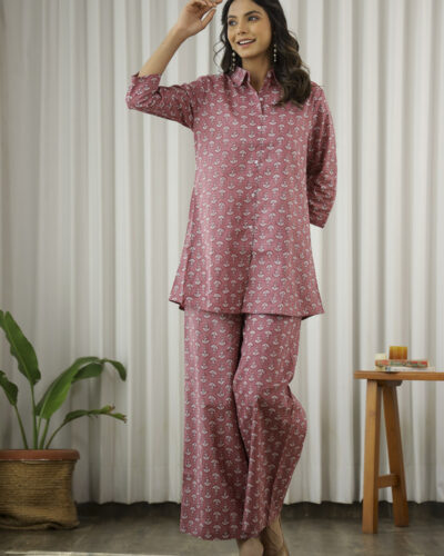 Women Top & Pyjama Set Purple Printed