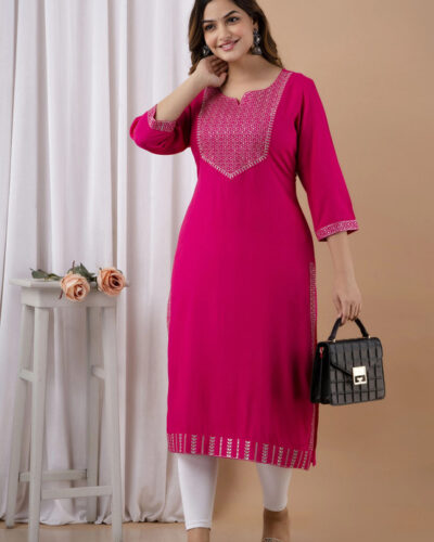 Women Embellished Viscose Rayon A-line Kurta (Pink)