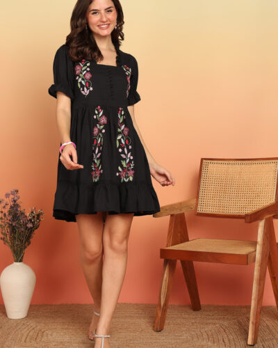 Women Fit and Flare Black Above Knee/Mid Thigh Length Dress