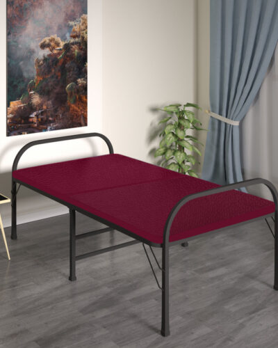 FURNIMAX Metal Folding Bed with 1 Inch Mattress, Plywood Attached|Foldable Bed for Guests Solid Wood Single Bed (Finish Color - maroon, (Mattress Included), Delivery Condition - Pre-assembled)