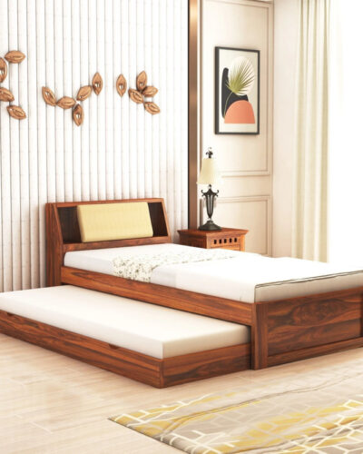 Ganpati Arts Sheesham Wood Mayor Wooden Single Cot For Home/Single Trundle Bed With Storage Solid Wood Single Drawer Bed (Finish Color - Natural_TRNDL, Delivery Condition - DIY(Do-It-Yourself))