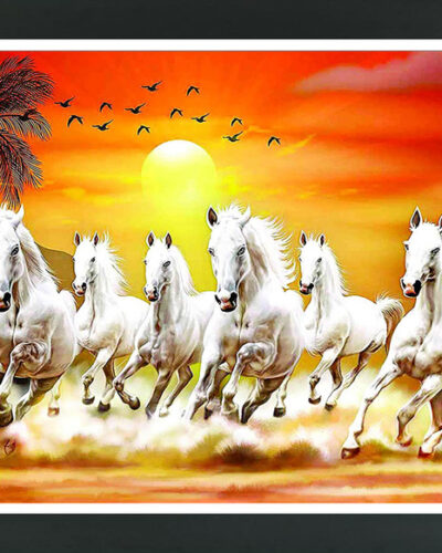 FRIZZY ARTS Seven horse lucky paintings | Lucky painting| Vastu photo frame| Vastu paintings Digital Reprint 14 inch x 20 inch Painting (With Frame)