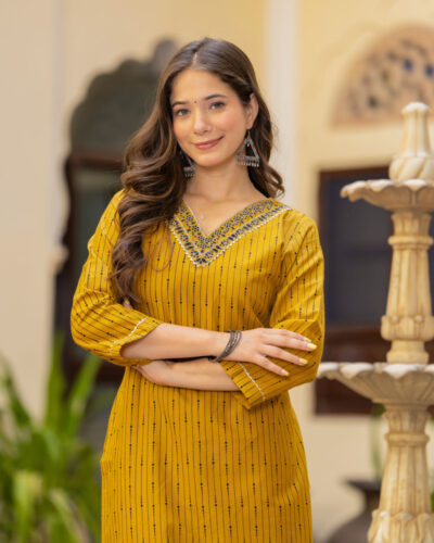 Women Embroidered Pure Cotton Straight Kurta (Yellow)