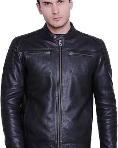 Men Solid Leather Jacket