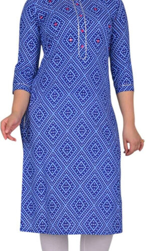 Women Leheriya Cotton Blend A-line Kurta (Blue)