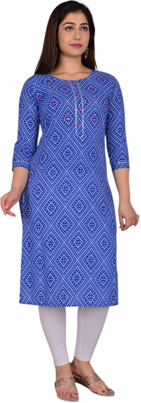 Women Leheriya Cotton Blend A-line Kurta (Blue)