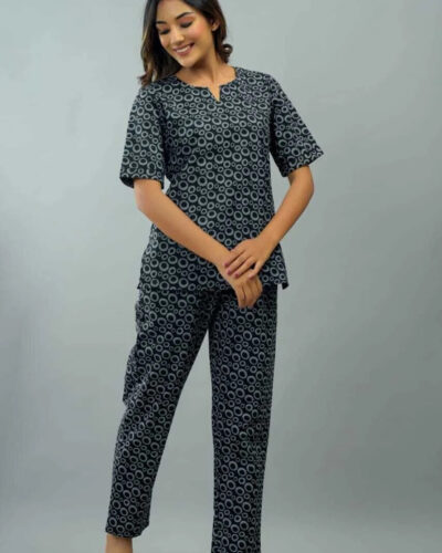 Women Night Suit Set Grey Printed