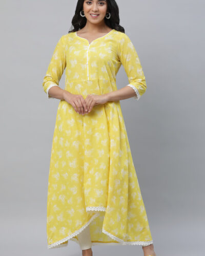 Women Floral Print Pure Cotton Flared Kurta (Yellow)