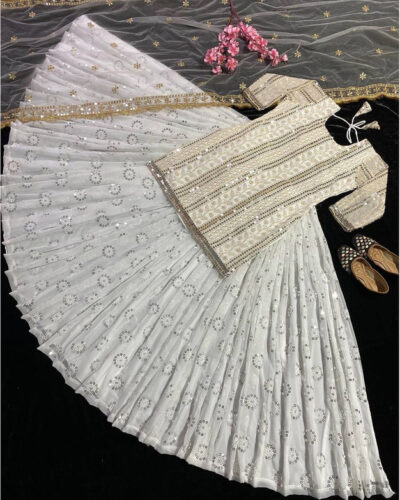 Embroidered Stitched Lehenga & Kurta (White)