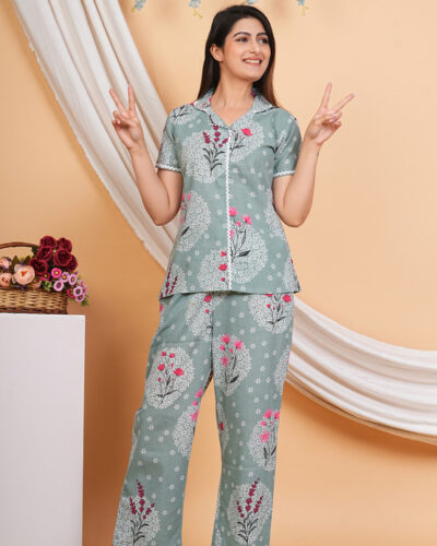 Women Night Suit Set Grey Floral Print