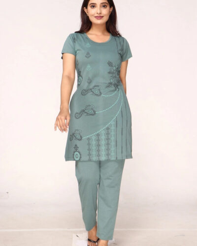 Women Night Suit Set Grey Printed