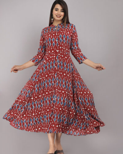 Women Printed Viscose Rayon Gown Kurta (Maroon)