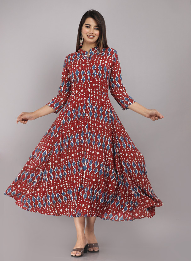 Women Printed Viscose Rayon Gown Kurta (Maroon)