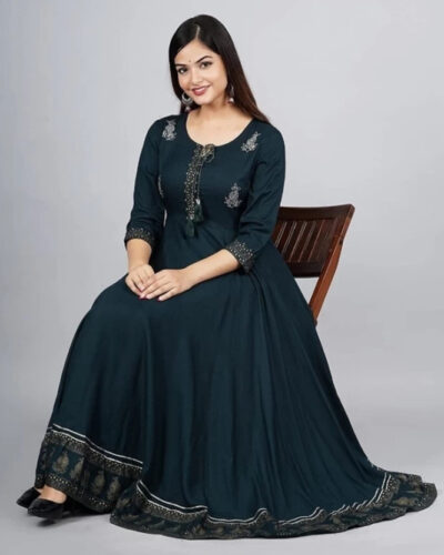 Women Printed, Embroidered Viscose Rayon Gown Kurta (Green)