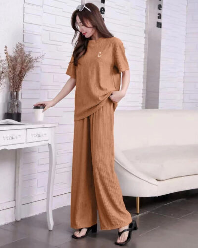 Women Night Suit Set Brown Solid
