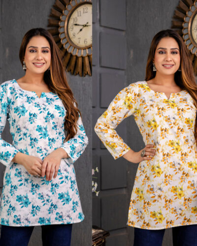 Pack of 2 Women Floral Print Cotton Blend Straight Kurta (Blue, Yellow)