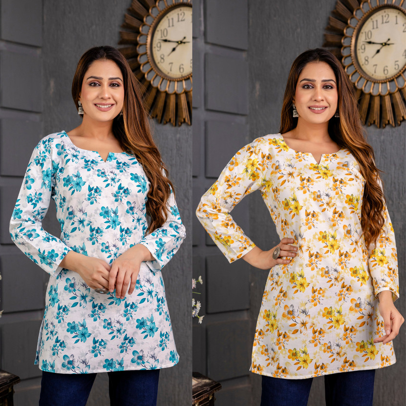 Pack of 2 Women Floral Print Cotton Blend Straight Kurta (Blue, Yellow)
