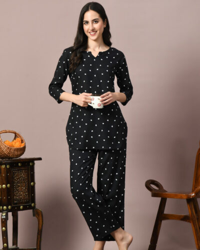 Women Night Suit Set Black Printed