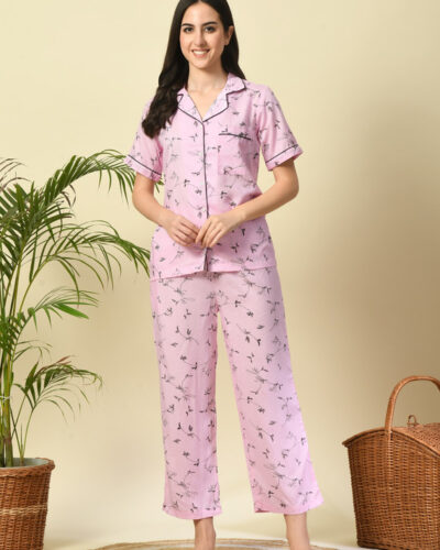 Women Night Suit Set Pink Printed