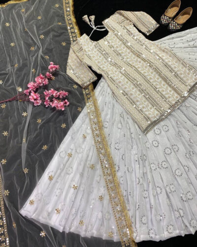 Embroidered Stitched Lehenga & Crop Top (White)