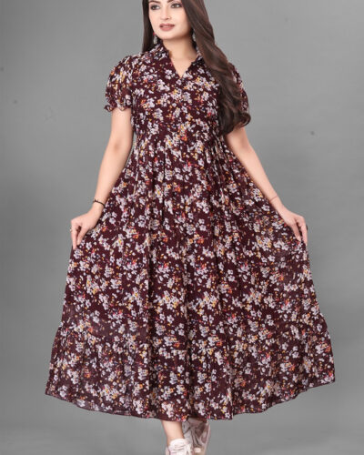 Women Pleated Brown Maxi/Full Length Dress