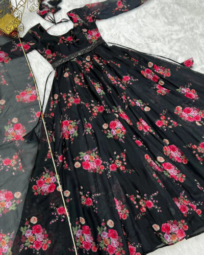 Women Floral Print Georgette Anarkali Kurta With Attached Dupatta (Black)
