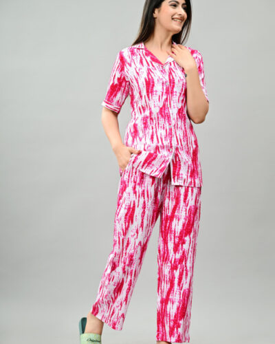 Women Night Suit Set Pink Printed