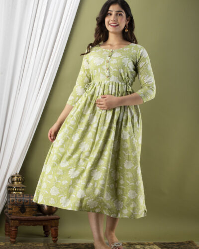 Printed Pure Cotton Stitched Flared/A-line Gown (Light Green, White)