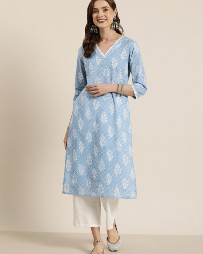 Women Floral Print Viscose Rayon Straight Kurta (Light Blue)