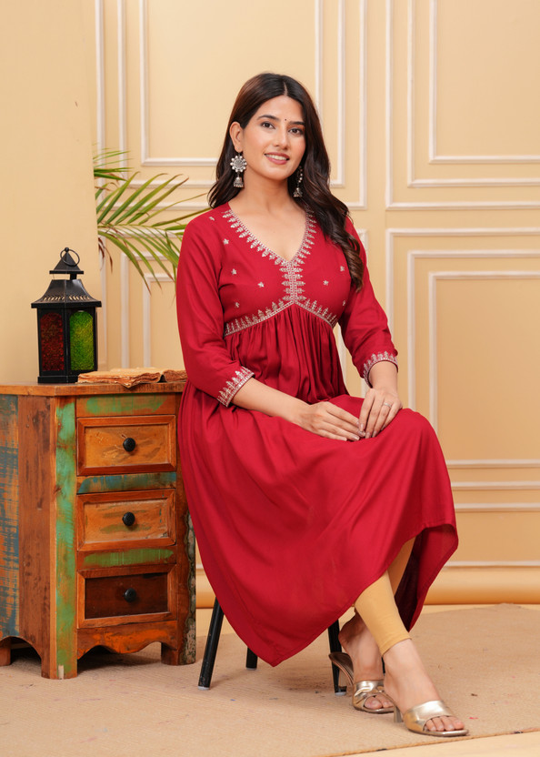 Women Embellished Viscose Rayon Anarkali Kurta (Red)