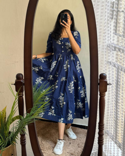 Women Ethnic Dress Blue, White Midi/Calf Length Dress