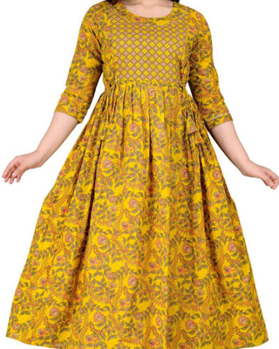 Women Floral Print Cotton Blend Anarkali Kurta (Yellow)