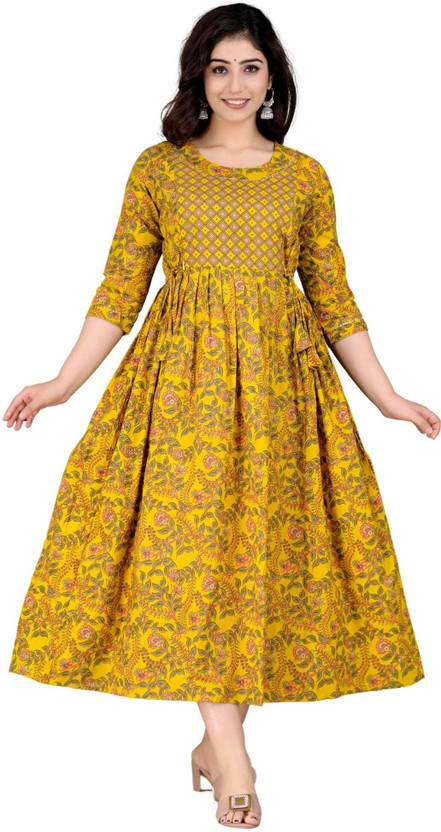 Women Floral Print Cotton Blend Anarkali Kurta (Yellow)