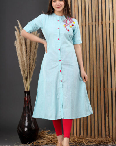 Women Embroidered Pure Cotton A-line Kurta (Light Blue)