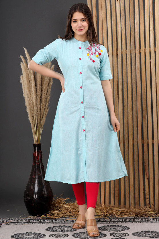 Women Embroidered Pure Cotton A-line Kurta (Light Blue)