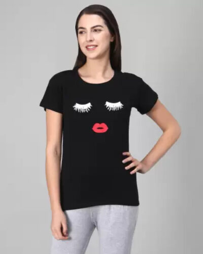 Women Typography Round Neck Cotton Blend Black T-Shirt