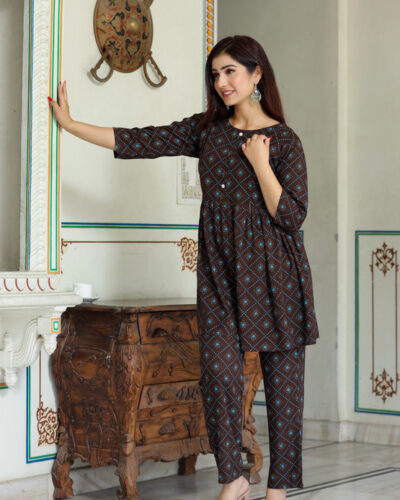 Women Night Suit Set Brown Printed