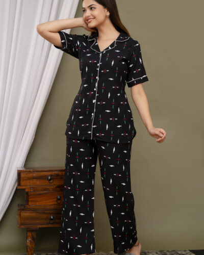 Women Night Suit Set Black Printed